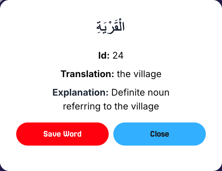 Vocabulary builder showing an Arabic word with its English translation and grammar explanation